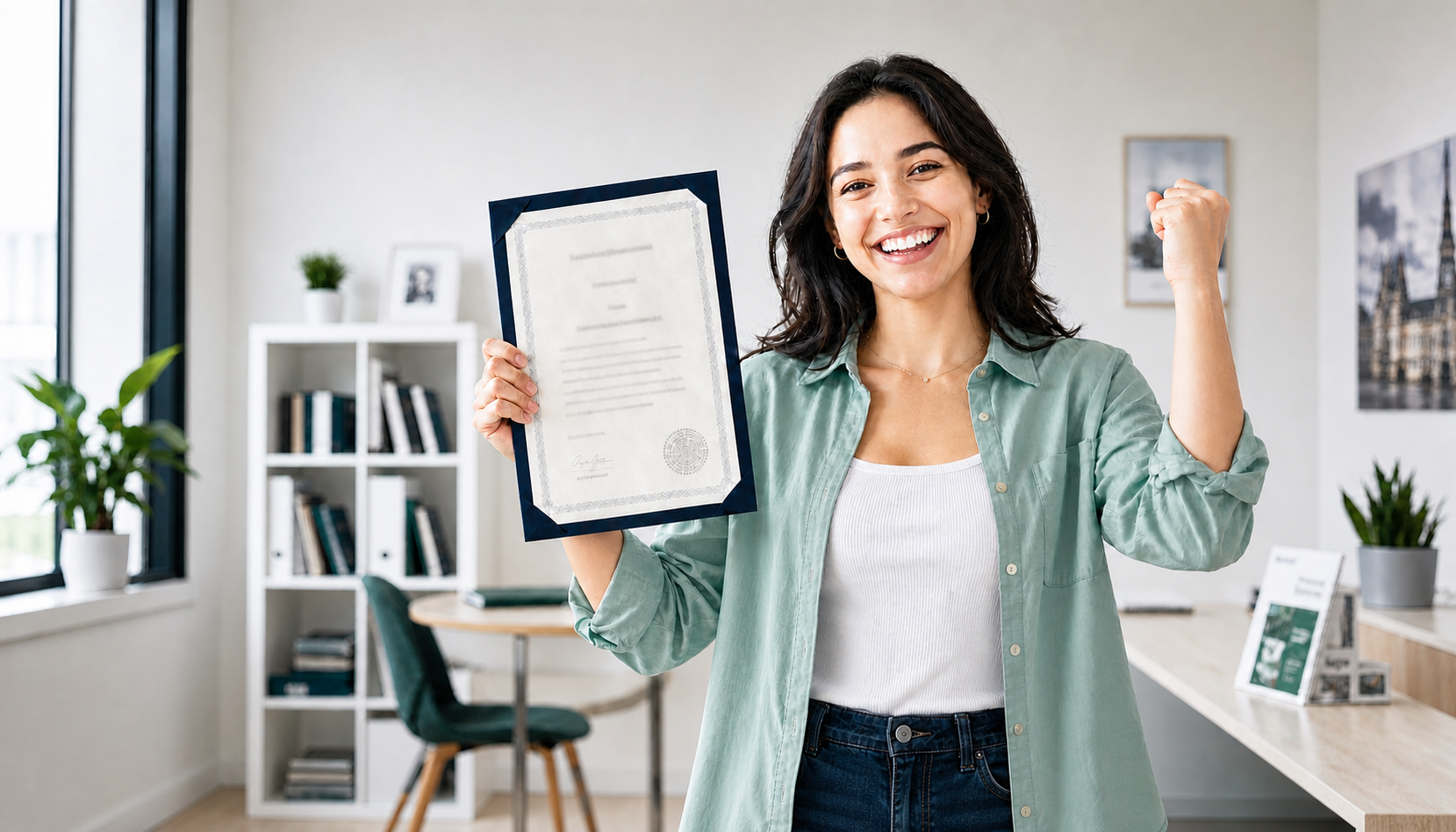 A happy German exam learner holding a certificate